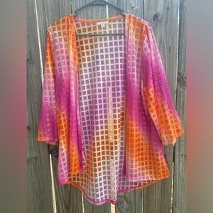 Erin London sheer top shades of pink & orange in a geometric pattern
